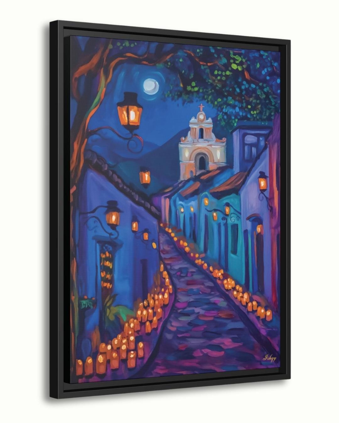 Día de los Muertos Wall Art, Mexican Alley Candle Painting, Framed Canvas or Art Print, Day of the Dead Decor, Latin Culture Home Gift. Celebrate the spirit of Día de los Muertos with this glowing candlelit Mexican street scene. Luz de los Muert