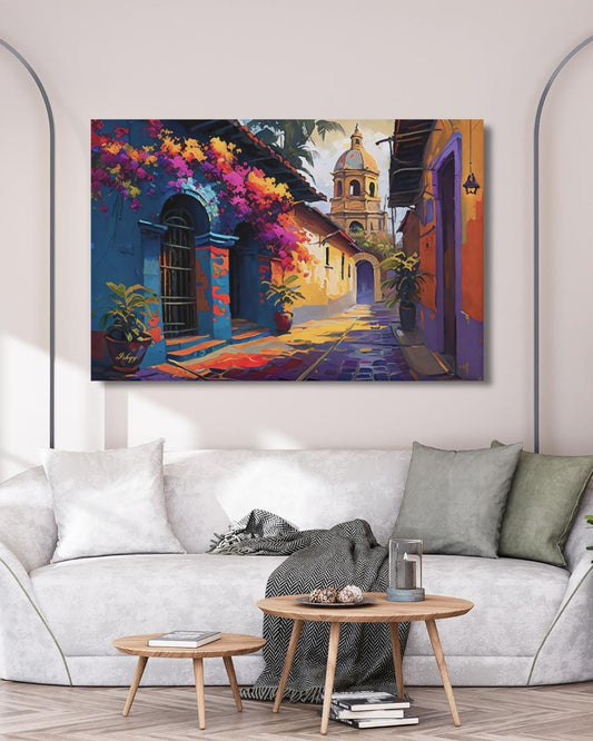 Mexican Street Wall Art, Colorful Latin Alley Painting Print, Cartagena Colonial Canvas, Framed Art Print, Cultural Home Decor Gift. Celebrate the bold beauty of Oaxaca with this radiant, colorful street scene. Oaxaca Vibrante captures light, life, a