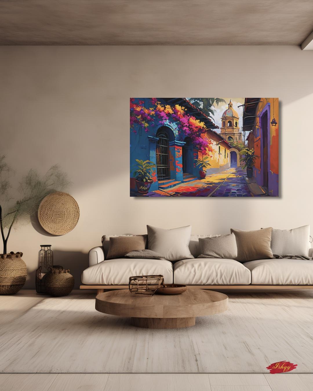 Mexican Street Wall Art, Colorful Latin Alley Painting Print, Cartagena Colonial Canvas, Framed Art Print, Cultural Home Decor Gift. Celebrate the bold beauty of Oaxaca with this radiant, colorful street scene. Oaxaca Vibrante captures light, life, a