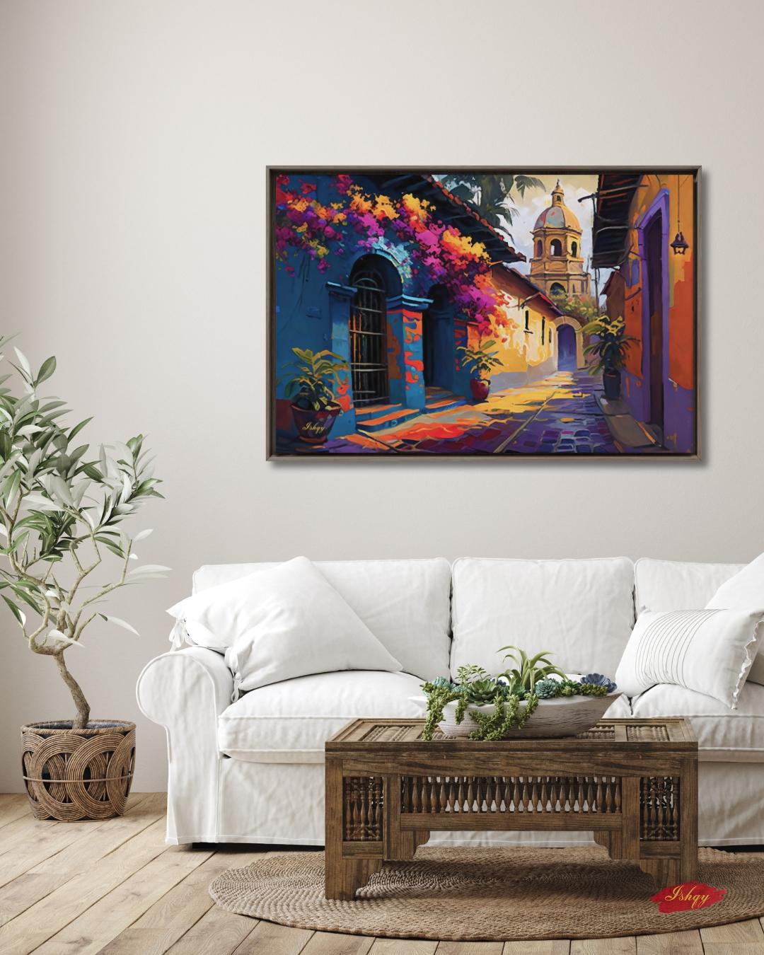Mexican Street Wall Art, Colorful Latin Alley Painting Print, Cartagena Colonial Canvas, Framed Art Print, Cultural Home Decor Gift. Celebrate the bold beauty of Oaxaca with this radiant, colorful street scene. Oaxaca Vibrante captures light, life, a