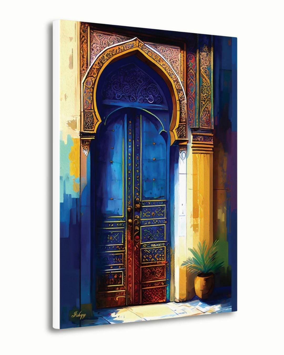 Moroccan Wall Art, Blue Door Canvas Print, Islamic Architecture Painting, Exotic Home Decor, Arabic Arch Artwork, Framed Canvas Gift. Islamic blue and gold archway art print. Canvas and framed canvas decor inspired by Middle Eastern architecture
