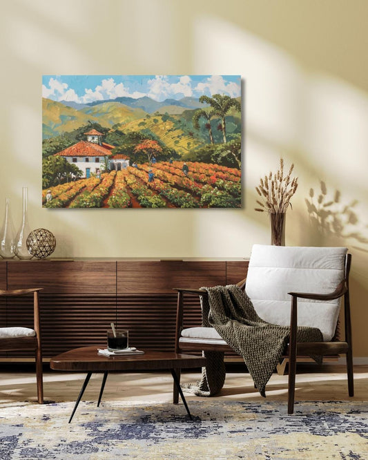 Minas Gerais Coffee Farm Painting, Canvas & Framed Canvas Brazil Landscape Wall Art, Rustic Farmhouse Country Home Decor Kitchen Art Print