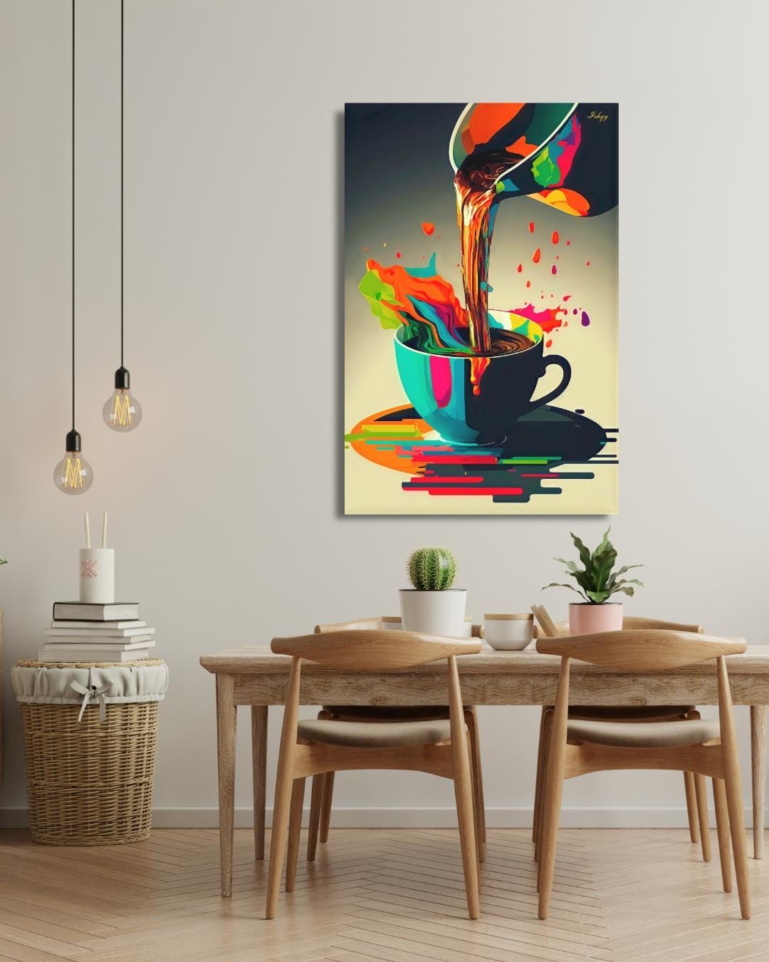 Coffee Wall Art, Colorful Coffee Cup Canvas, Modern Abstract Kitchen Art, Barista Gift, Espresso Print, Cafe Wall Decor, Framed Canvas. Bold and colorful coffee art print with abstract splash. Perfect canvas or framed canvas for kitchen or café