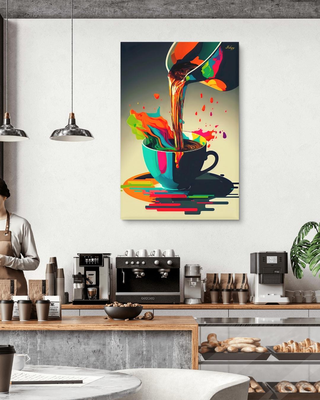 Coffee Wall Art, Colorful Coffee Cup Canvas, Modern Abstract Kitchen Art, Barista Gift, Espresso Print, Cafe Wall Decor, Framed Canvas. Bold and colorful coffee art print with abstract splash. Perfect canvas or framed canvas for kitchen or café