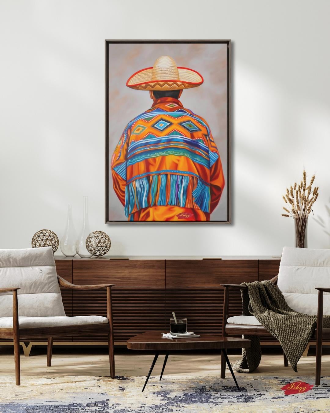 Mexican Wall Art, Charro Painting Print, Sombrero Man Art, Cultural Canvas, Framed Mexican Decor, Fiesta Wall Art, Traditional Mexico Print. Traditional Mexican art print from Jalisco. Vibrant sombrero and poncho wall decor in canvas or framed canvas
