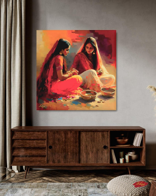 Indian Women Wall Art, Desi Kitchen Painting, Rural India Canvas, Framed Indian Print, Cultural Home Decor, Ethnic Wall Art, Desi Poster. This soulful Indian artwork captures two women in a quiet moment of tradition with color and clay. Availabl