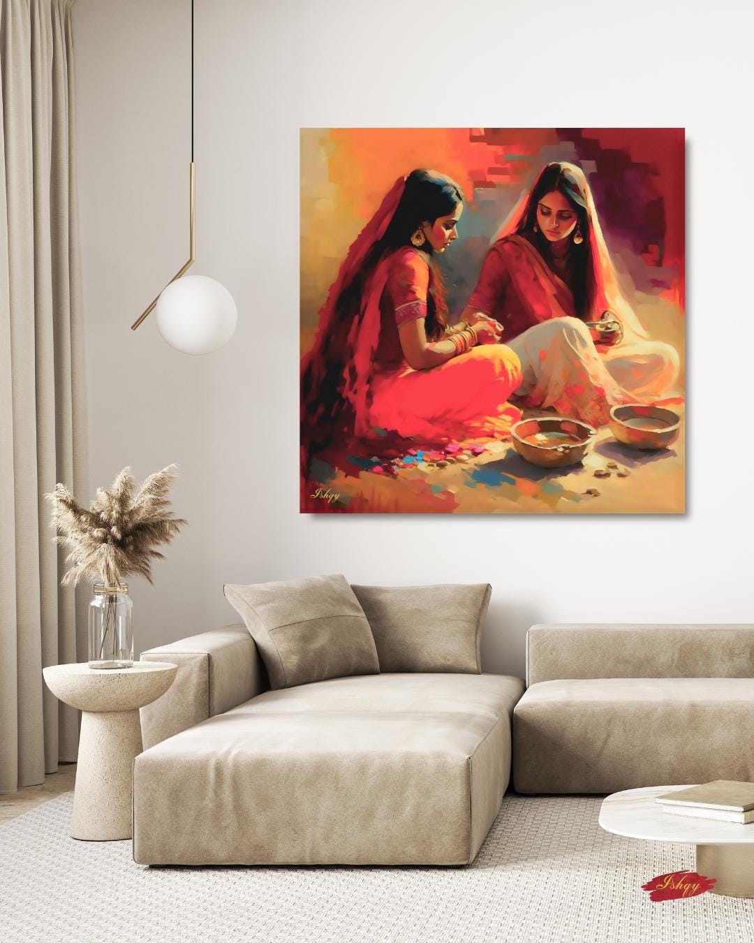 Indian Women Wall Art, Desi Kitchen Painting, Rural India Canvas, Framed Indian Print, Cultural Home Decor, Ethnic Wall Art, Desi Poster. This soulful Indian artwork captures two women in a quiet moment of tradition with color and clay. Availabl