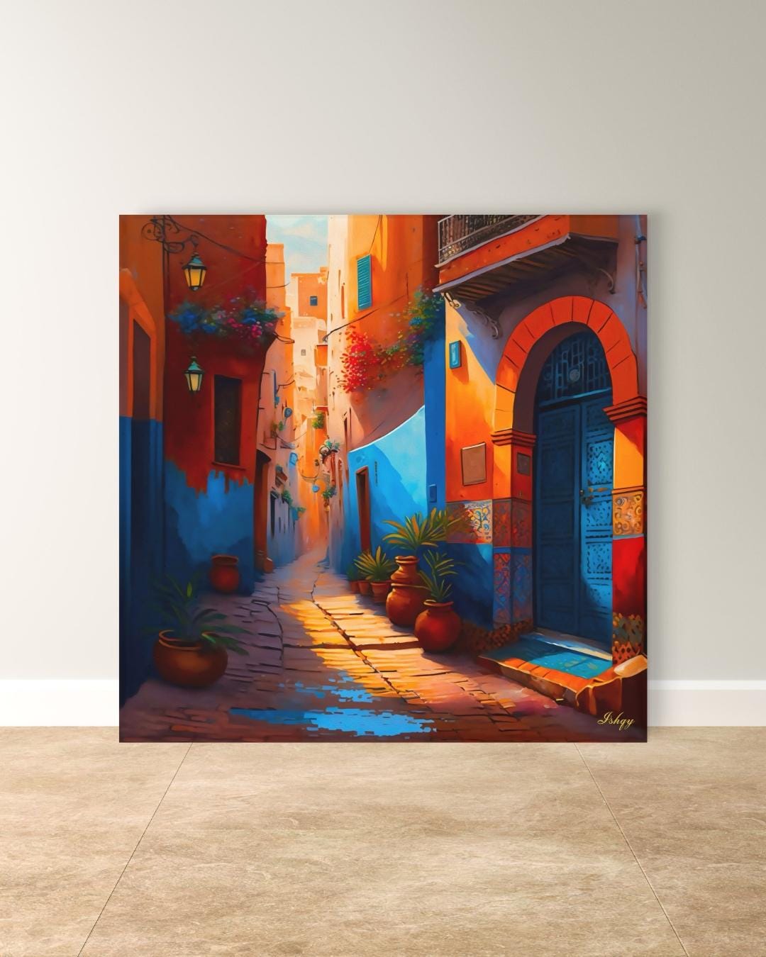Moroccan Alley Wall Art, Colorful Marrakech Street Canvas, Exotic Travel Framed Print, Vibrant Medina Doorway, Cultural Art Print Decor. Moroccan alley canvas print with vibrant colors and cultural detail. Bring the warmth and charm of Marrakech into