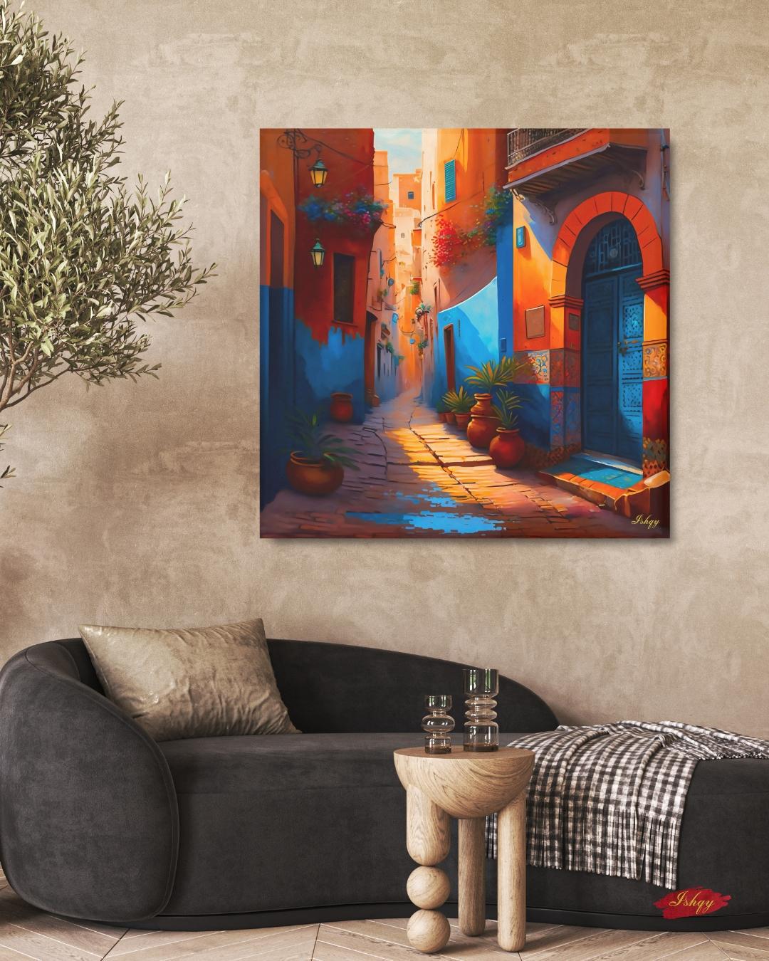 Moroccan Alley Wall Art, Colorful Marrakech Street Canvas, Exotic Travel Framed Print, Vibrant Medina Doorway, Cultural Art Print Decor. Moroccan alley canvas print with vibrant colors and cultural detail. Bring the warmth and charm of Marrakech into