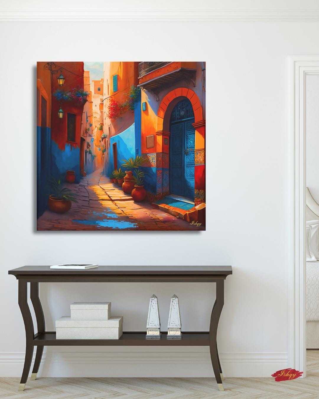 Moroccan Alley Wall Art, Colorful Marrakech Street Canvas, Exotic Travel Framed Print, Vibrant Medina Doorway, Cultural Art Print Decor. Moroccan alley canvas print with vibrant colors and cultural detail. Bring the warmth and charm of Marrakech into