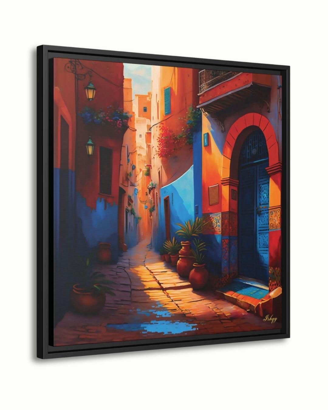 Moroccan Alley Wall Art, Colorful Marrakech Street Canvas, Exotic Travel Framed Print, Vibrant Medina Doorway, Cultural Art Print Decor. Moroccan alley canvas print with vibrant colors and cultural detail. Bring the warmth and charm of Marrakech into