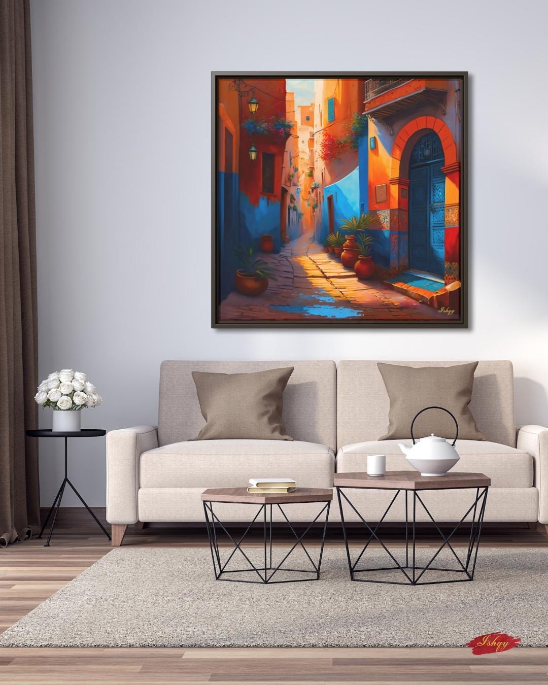 Moroccan Alley Wall Art, Colorful Marrakech Street Canvas, Exotic Travel Framed Print, Vibrant Medina Doorway, Cultural Art Print Decor. Moroccan alley canvas print with vibrant colors and cultural detail. Bring the warmth and charm of Marrakech into