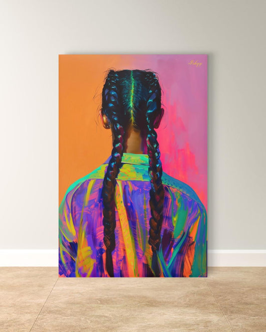 Braided Girl Wall Art, Bold Portrait Canvas, Colorful Braids Painting, Modern Framed Print, Ethnic Hair Wall Decor, Vibrant Art Print. Striking portrait of a braided girl in vivid neons. A bold art print that celebrates color, identity, and fearless