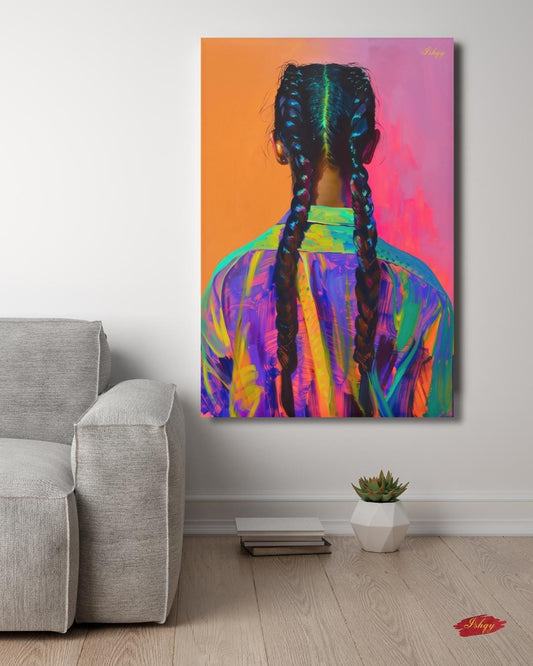 Braided Girl Wall Art, Bold Portrait Canvas, Colorful Braids Painting, Modern Framed Print, Ethnic Hair Wall Decor, Vibrant Art Print. Striking portrait of a braided girl in vivid neons. A bold art print that celebrates color, identity, and fearless
