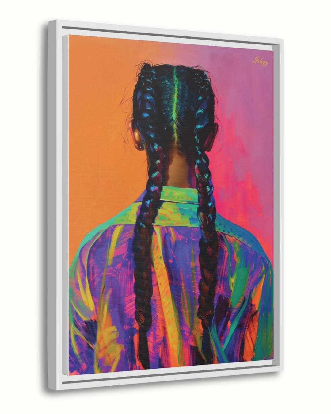 Braided Girl Wall Art, Bold Portrait Canvas, Colorful Braids Painting, Modern Framed Print, Ethnic Hair Wall Decor, Vibrant Art Print. Striking portrait of a braided girl in vivid neons. A bold art print that celebrates color, identity, and fearless