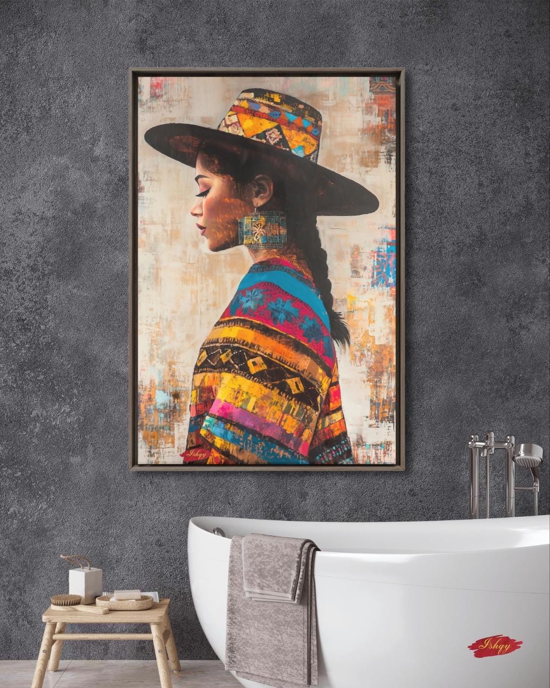 Salvadoran Woman Wall Art, Latin American Portrait Canvas, Cultural Framed Print, Indigenous Textile Art, Central America Home Decor. Colorful Salvadoran woman portrait canvas with cultural textile details and bold texture. Celebrate heritage an