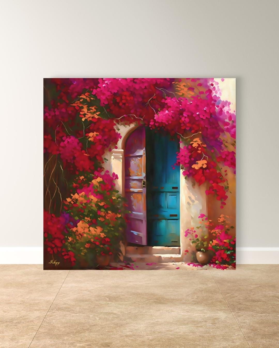 Mexican Door Wall Art, Bougainvillea Doorway Canvas, Colorful Floral Home Decor, Rustic Mexico Painting Print, Framed Vibrant Entry Art. Puerta de Flores canvas print featuring a colorful Spanish door wrapped in bougainvillea. Add vibrant Mediterrane