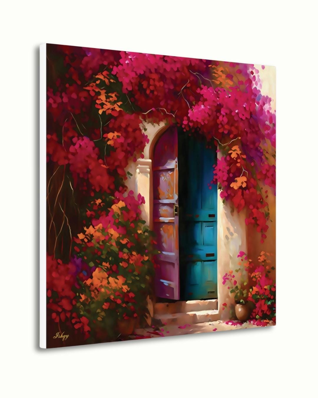 Mexican Door Wall Art, Bougainvillea Doorway Canvas, Colorful Floral Home Decor, Rustic Mexico Painting Print, Framed Vibrant Entry Art. Puerta de Flores canvas print featuring a colorful Spanish door wrapped in bougainvillea. Add vibrant Mediterrane
