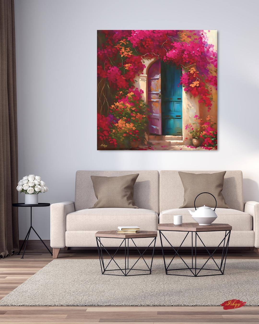 Mexican Door Wall Art, Bougainvillea Doorway Canvas, Colorful Floral Home Decor, Rustic Mexico Painting Print, Framed Vibrant Entry Art. Puerta de Flores canvas print featuring a colorful Spanish door wrapped in bougainvillea. Add vibrant Mediterrane