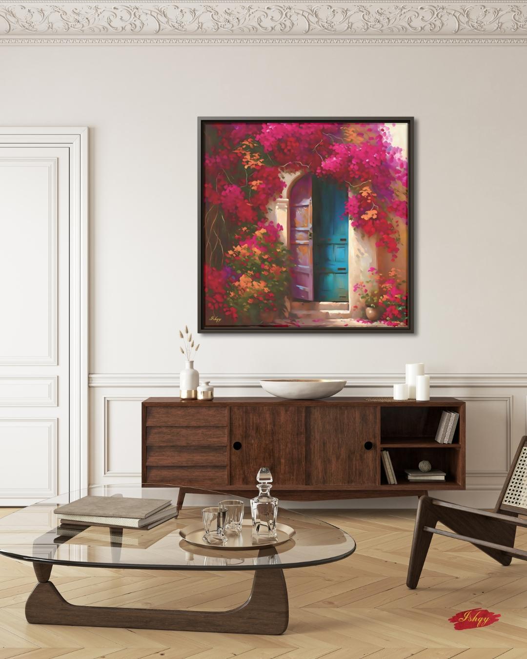 Mexican Door Wall Art, Bougainvillea Doorway Canvas, Colorful Floral Home Decor, Rustic Mexico Painting Print, Framed Vibrant Entry Art. Puerta de Flores canvas print featuring a colorful Spanish door wrapped in bougainvillea. Add vibrant Mediterrane