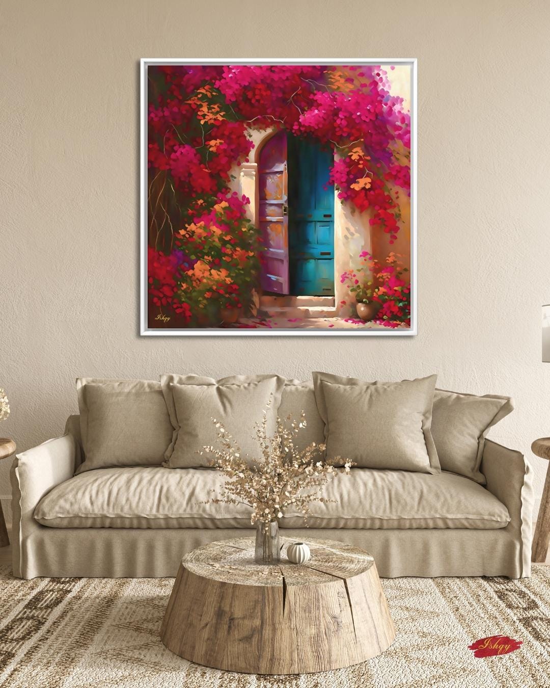 Mexican Door Wall Art, Bougainvillea Doorway Canvas, Colorful Floral Home Decor, Rustic Mexico Painting Print, Framed Vibrant Entry Art. Puerta de Flores canvas print featuring a colorful Spanish door wrapped in bougainvillea. Add vibrant Mediterrane