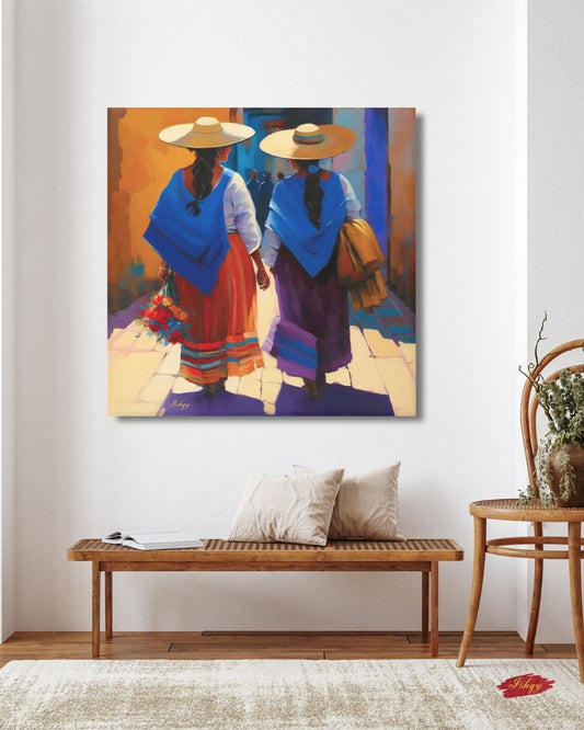 Mexican Women Wall Art, Traditional Oaxaca Street Canvas, Colorful Folk Painting Print, Framed Latin American Home Decor. Comadres canvas wall art featuring two Mexican women in traditional dress walking down a sunlit street. A celebration of si