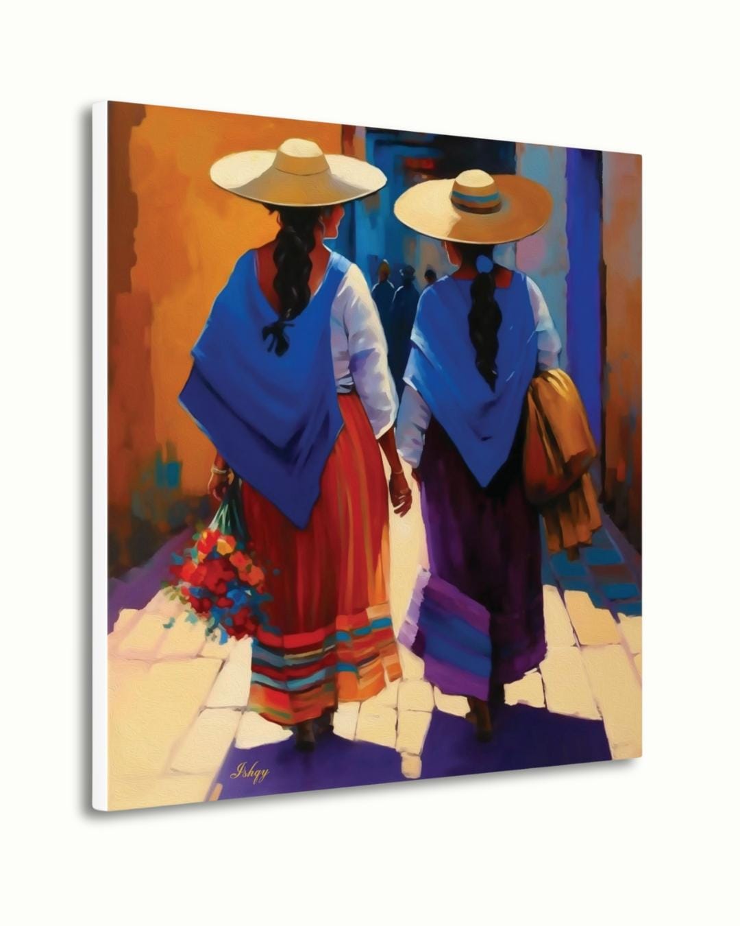 Mexican Women Wall Art, Traditional Oaxaca Street Canvas, Colorful Folk Painting Print, Framed Latin American Home Decor. Comadres canvas wall art featuring two Mexican women in traditional dress walking down a sunlit street. A celebration of si