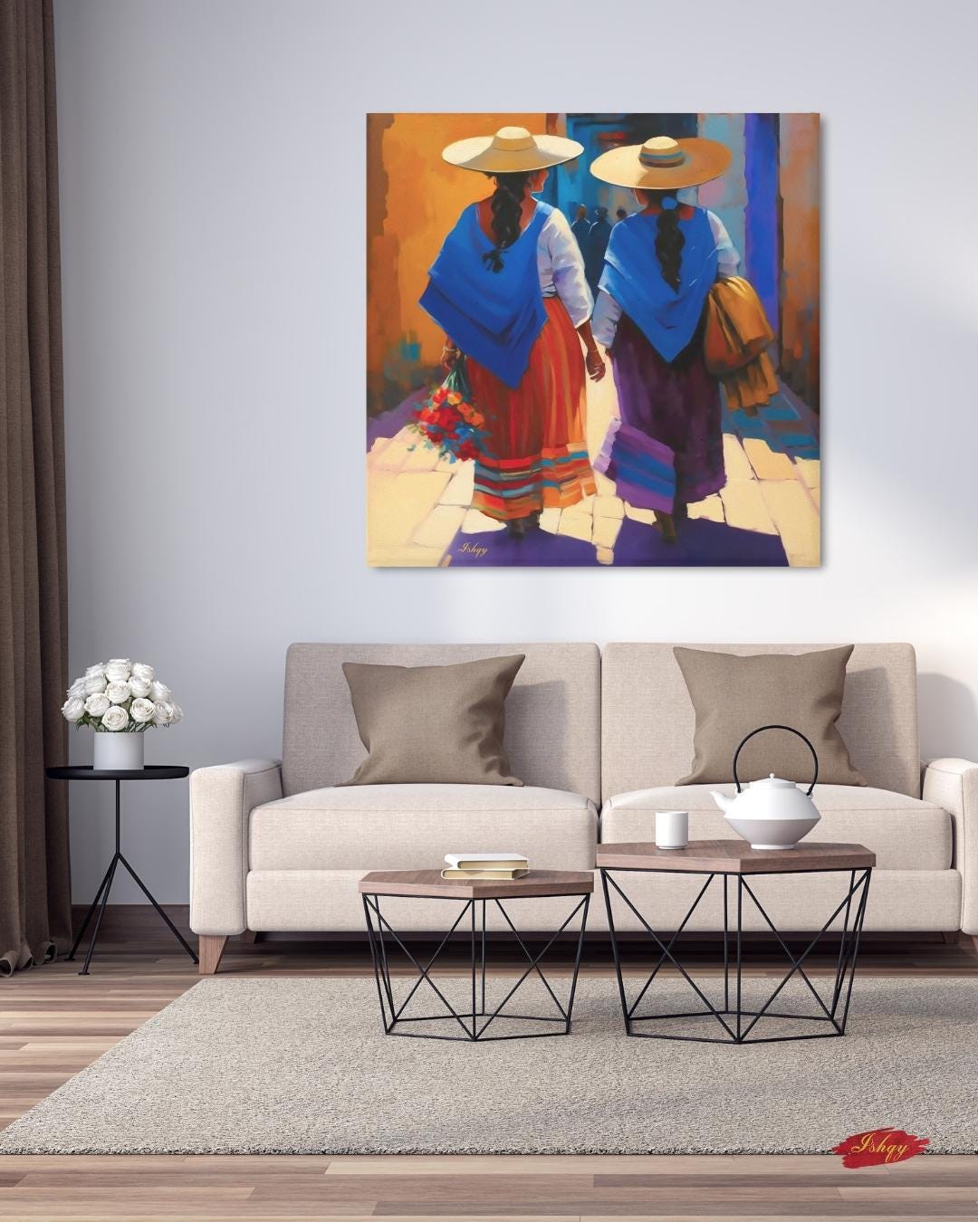 Mexican Women Wall Art, Traditional Oaxaca Street Canvas, Colorful Folk Painting Print, Framed Latin American Home Decor. Comadres canvas wall art featuring two Mexican women in traditional dress walking down a sunlit street. A celebration of si