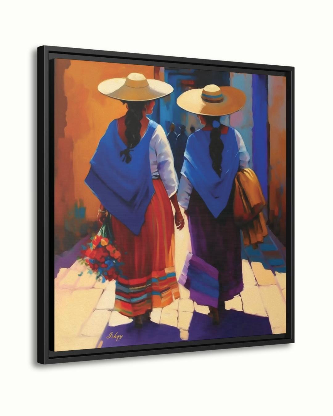 Mexican Women Wall Art, Traditional Oaxaca Street Canvas, Colorful Folk Painting Print, Framed Latin American Home Decor. Comadres canvas wall art featuring two Mexican women in traditional dress walking down a sunlit street. A celebration of si