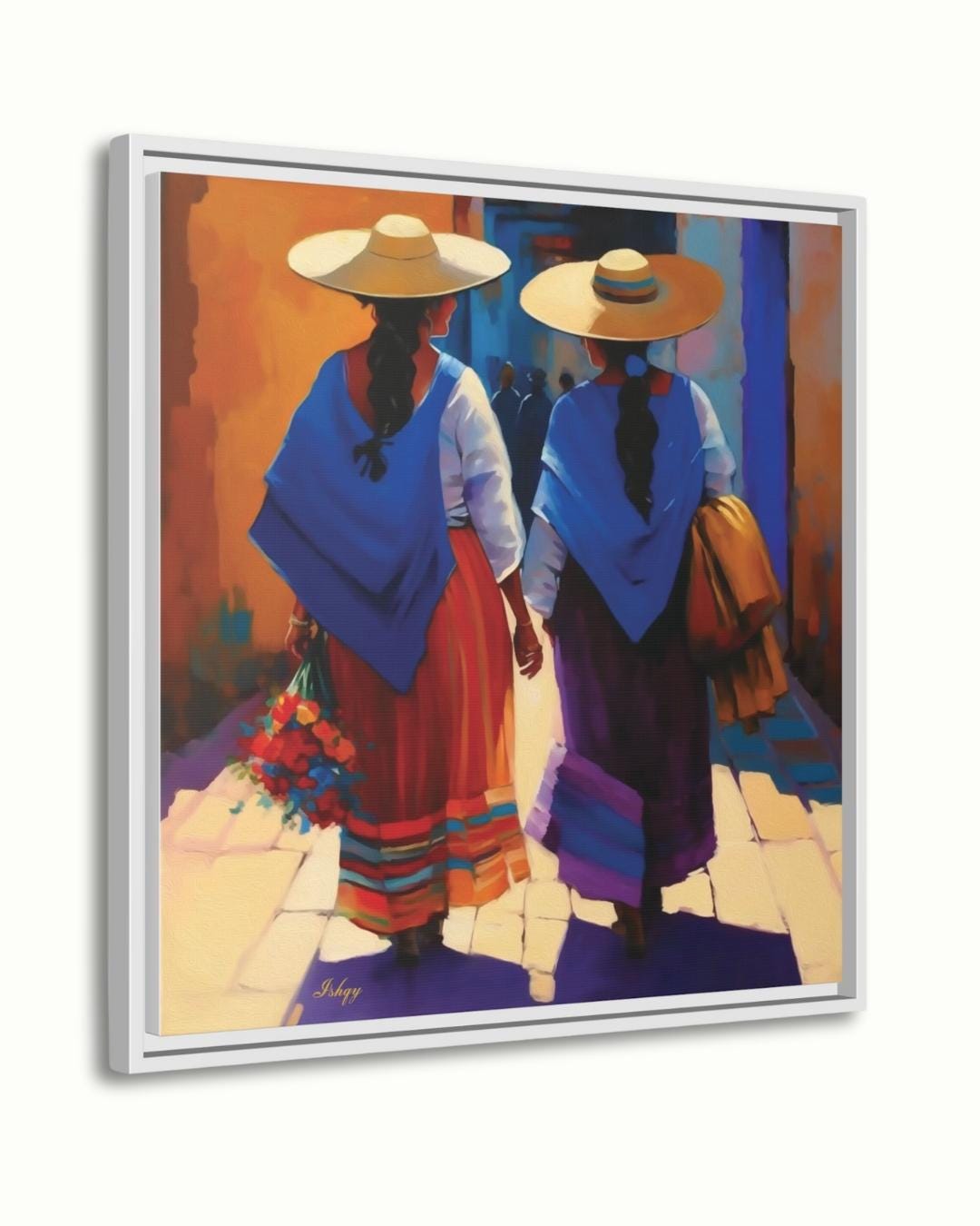 Mexican Women Wall Art, Traditional Oaxaca Street Canvas, Colorful Folk Painting Print, Framed Latin American Home Decor. Comadres canvas wall art featuring two Mexican women in traditional dress walking down a sunlit street. A celebration of si