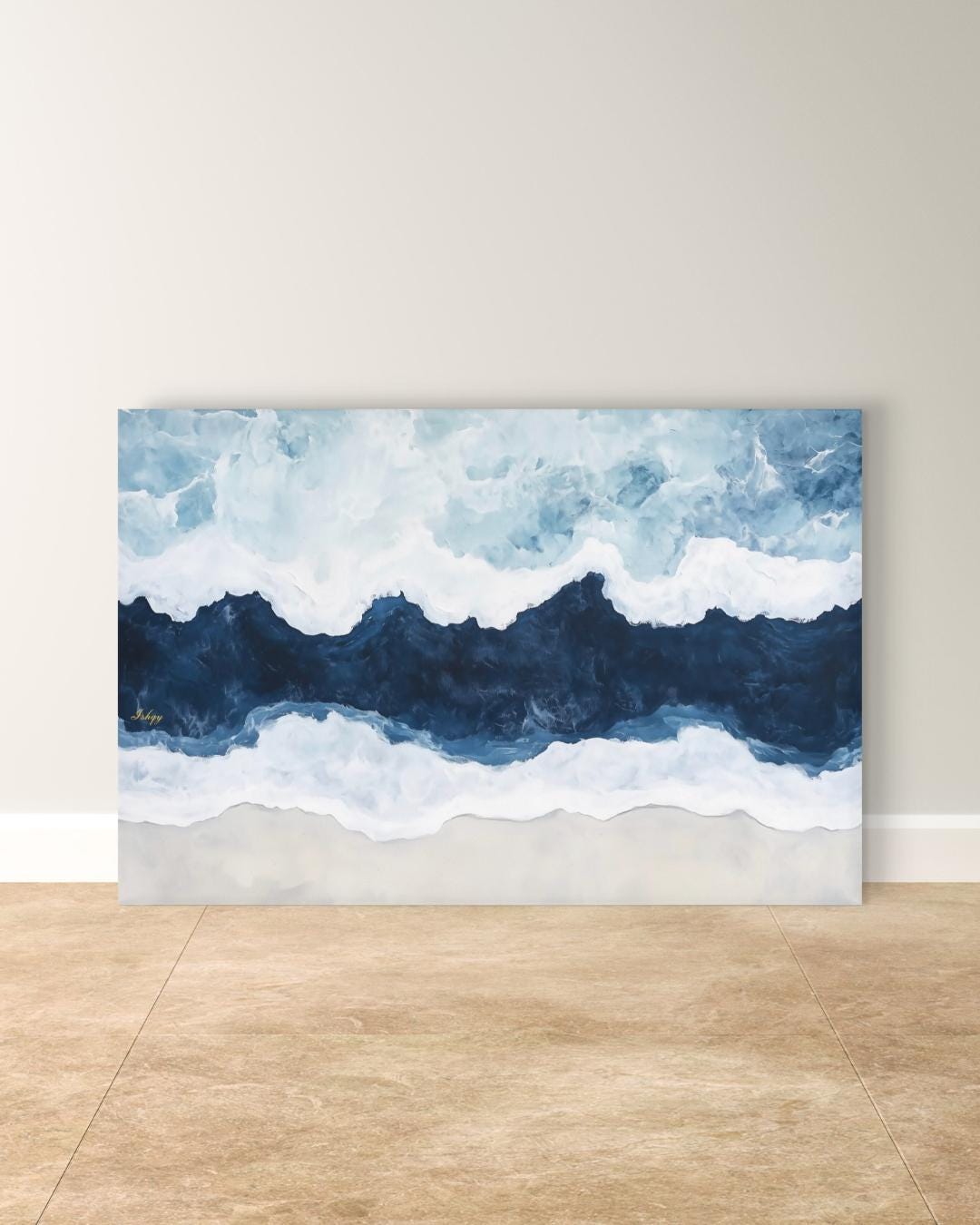 Ocean Wave Wall Art Print, Abstract Coastal Canvas Painting, Blue Sea Horizontal Art, Beach House Decor, Nautical Wall Art for Bedroom. Saltwater seascape wall art in blue and white tones. A modern abstract ocean canvas for coastal homes and bea