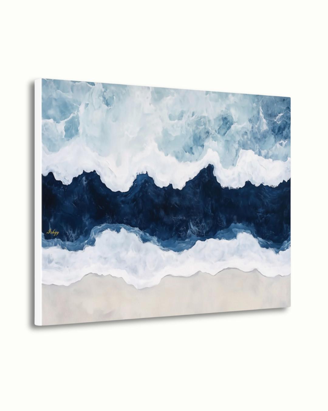 Ocean Wave Wall Art Print, Abstract Coastal Canvas Painting, Blue Sea Horizontal Art, Beach House Decor, Nautical Wall Art for Bedroom. Saltwater seascape wall art in blue and white tones. A modern abstract ocean canvas for coastal homes and bea