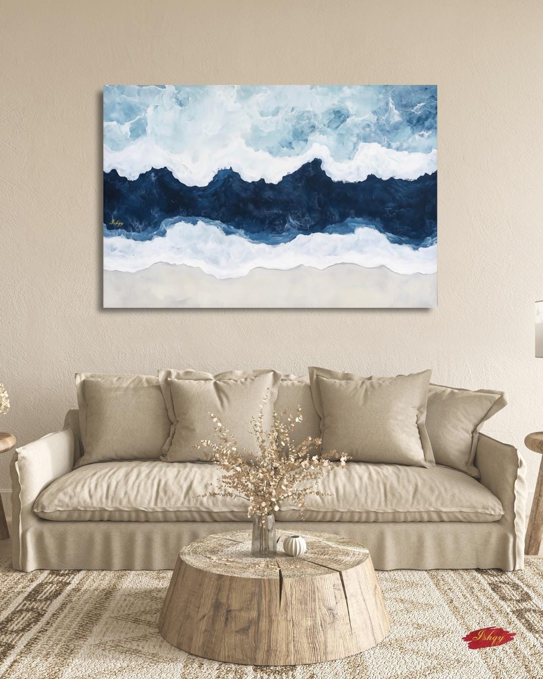 Ocean Wave Wall Art Print, Abstract Coastal Canvas Painting, Blue Sea Horizontal Art, Beach House Decor, Nautical Wall Art for Bedroom. Saltwater seascape wall art in blue and white tones. A modern abstract ocean canvas for coastal homes and bea