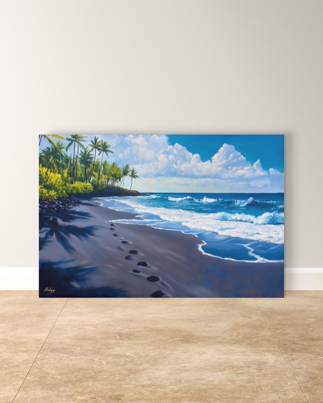 Hawaii Beach Wall Art Print, Punaluʻu Black Sand Coastal Painting, Ocean Canvas Decor, Tropical Palm Tree Wall Art for Living Room. Punalu‘u Beach art print with black sand, blue waves, and palm trees. A vibrant Hawaii canvas for tropical, coastal, o