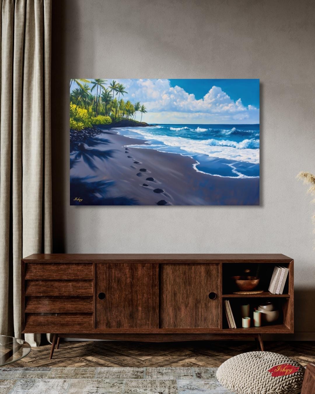 Hawaii Beach Wall Art Print, Punaluʻu Black Sand Coastal Painting, Ocean Canvas Decor, Tropical Palm Tree Wall Art for Living Room. Punalu‘u Beach art print with black sand, blue waves, and palm trees. A vibrant Hawaii canvas for tropical, coastal, o