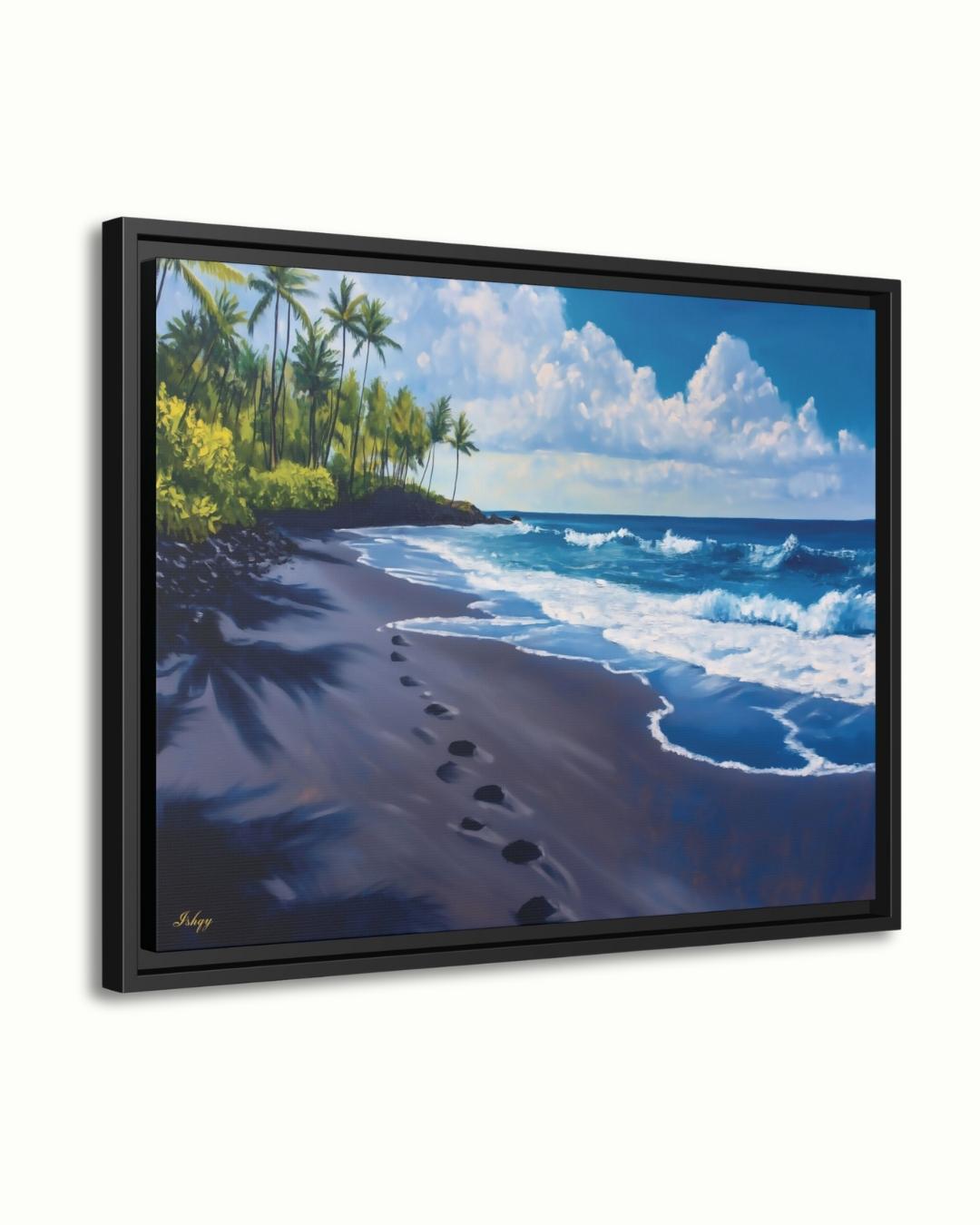 Hawaii Beach Wall Art Print, Punaluʻu Black Sand Coastal Painting, Ocean Canvas Decor, Tropical Palm Tree Wall Art for Living Room. Punalu‘u Beach art print with black sand, blue waves, and palm trees. A vibrant Hawaii canvas for tropical, coastal, o