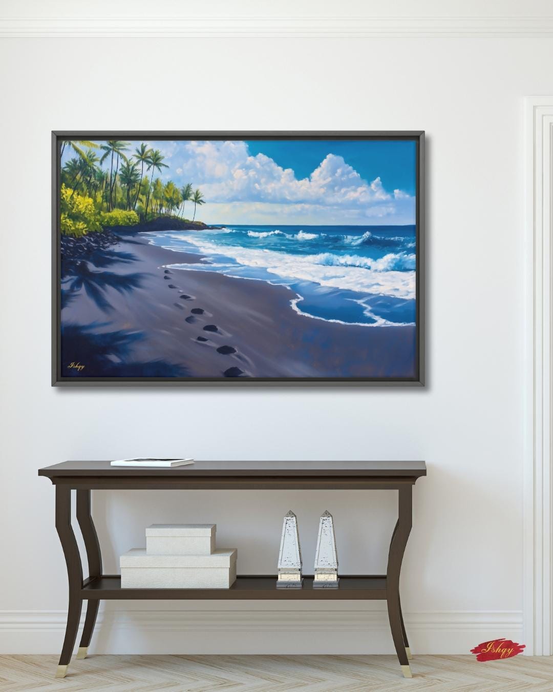 Hawaii Beach Wall Art Print, Punaluʻu Black Sand Coastal Painting, Ocean Canvas Decor, Tropical Palm Tree Wall Art for Living Room. Punalu‘u Beach art print with black sand, blue waves, and palm trees. A vibrant Hawaii canvas for tropical, coastal, o