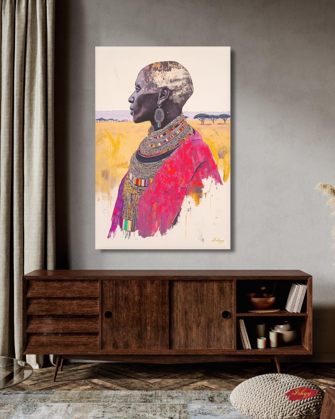 African Wall Art Maasai Elder Canvas Print, Tribal Woman Wall Decor, Kenya Portrait Painting, Cultural African Art for Living Room. Maasai woman portrait art print with bold beadwork and savannah backdrop. Powerful African canvas art for cultura