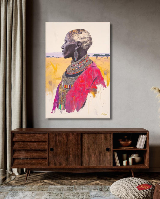 African Wall Art Maasai Elder Canvas Print, Tribal Woman Wall Decor, Kenya Portrait Painting, Cultural African Art for Living Room. Maasai woman portrait art print with bold beadwork and savannah backdrop. Powerful African canvas art for cultura