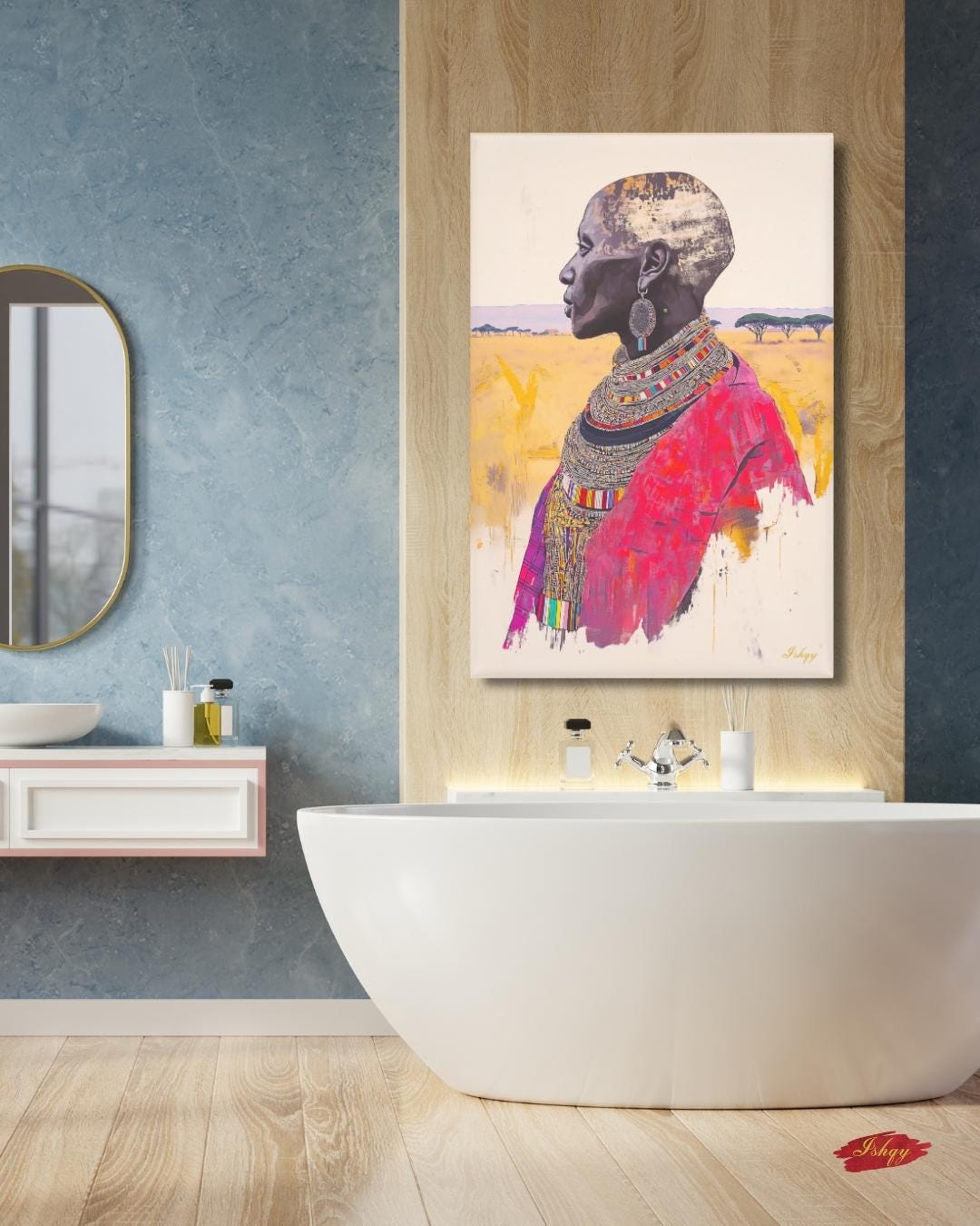 African Wall Art Maasai Elder Canvas Print, Tribal Woman Wall Decor, Kenya Portrait Painting, Cultural African Art for Living Room. Maasai woman portrait art print with bold beadwork and savannah backdrop. Powerful African canvas art for cultura