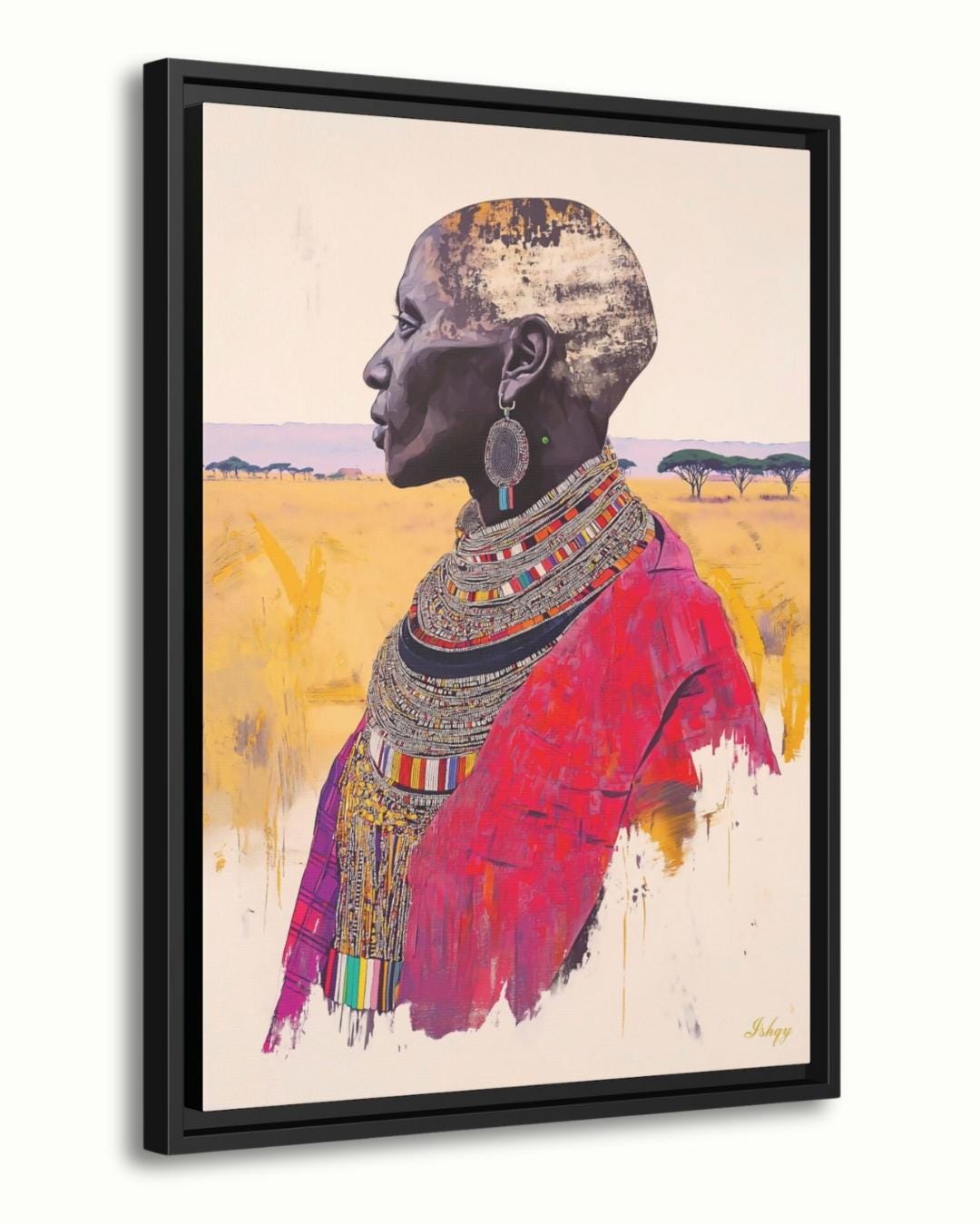 African Wall Art Maasai Elder Canvas Print, Tribal Woman Wall Decor, Kenya Portrait Painting, Cultural African Art for Living Room. Maasai woman portrait art print with bold beadwork and savannah backdrop. Powerful African canvas art for cultura