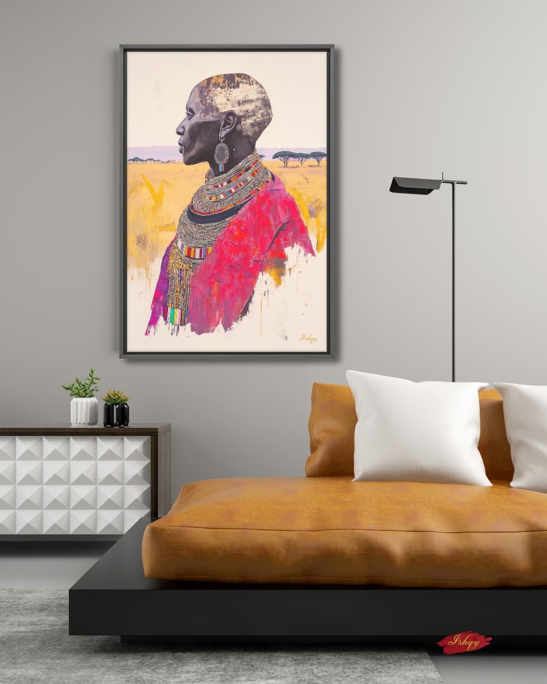 African Wall Art Maasai Elder Canvas Print, Tribal Woman Wall Decor, Kenya Portrait Painting, Cultural African Art for Living Room. Maasai woman portrait art print with bold beadwork and savannah backdrop. Powerful African canvas art for cultura