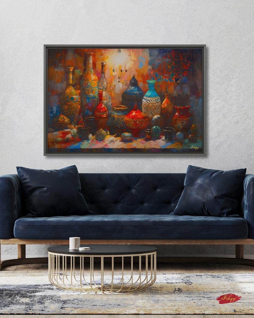 Moroccan Pottery Wall Art, Colorful Tagine Canvas Print, Boho Kitchen Wall Decor, Vibrant Moroccan Vases Painting for Cultural Home Style. Colorful Moroccan pottery in warm souk light. A bold Marrakech-inspired canvas print perfect for kitchen,