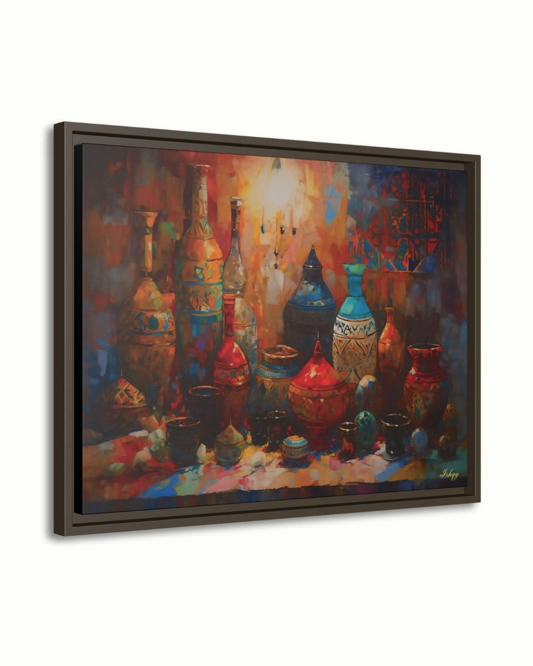 Moroccan Pottery Wall Art, Colorful Tagine Canvas Print, Boho Kitchen Wall Decor, Vibrant Moroccan Vases Painting for Cultural Home Style. Colorful Moroccan pottery in warm souk light. A bold Marrakech-inspired canvas print perfect for kitchen,