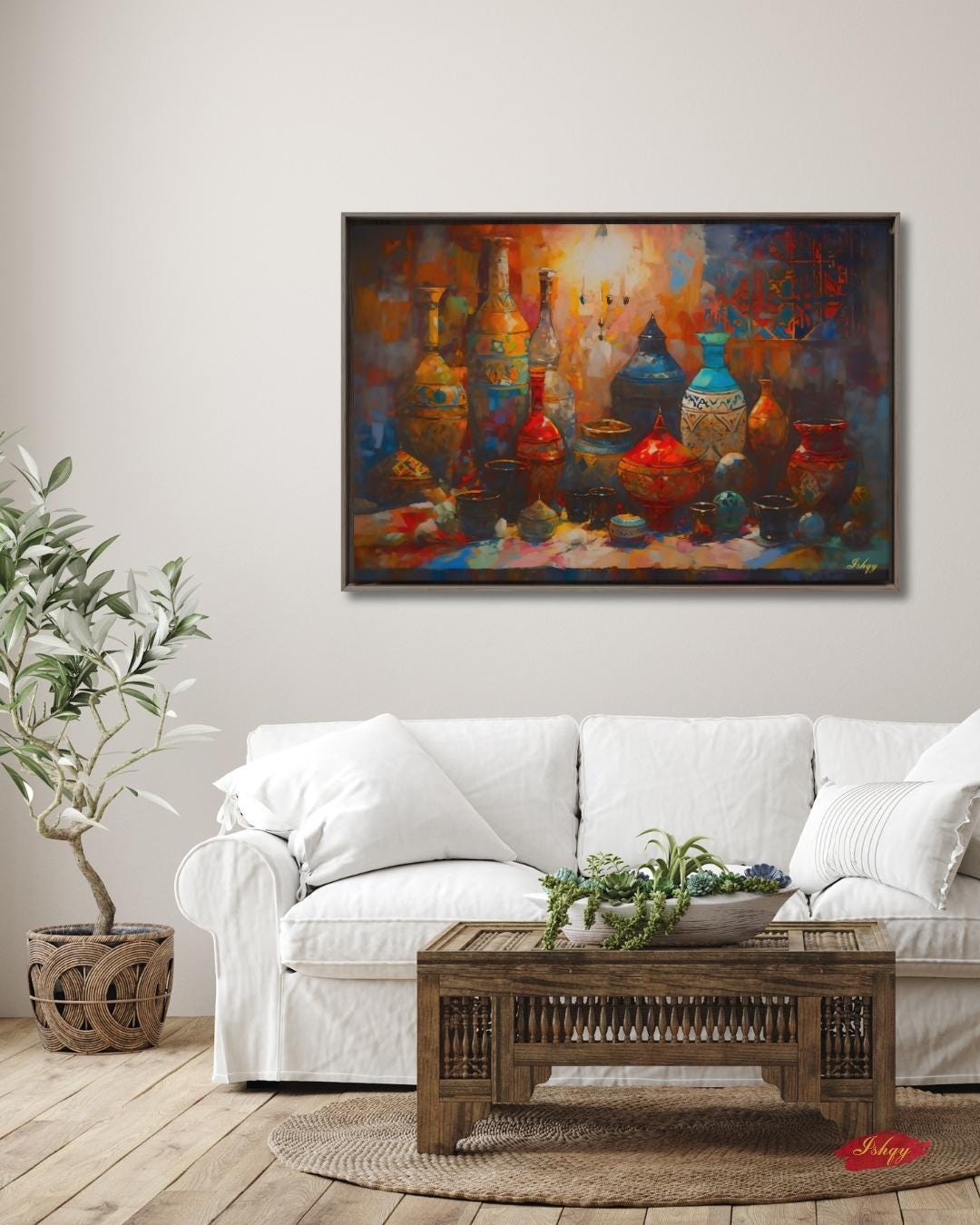 Moroccan Pottery Wall Art, Colorful Tagine Canvas Print, Boho Kitchen Wall Decor, Vibrant Moroccan Vases Painting for Cultural Home Style. Colorful Moroccan pottery in warm souk light. A bold Marrakech-inspired canvas print perfect for kitchen,