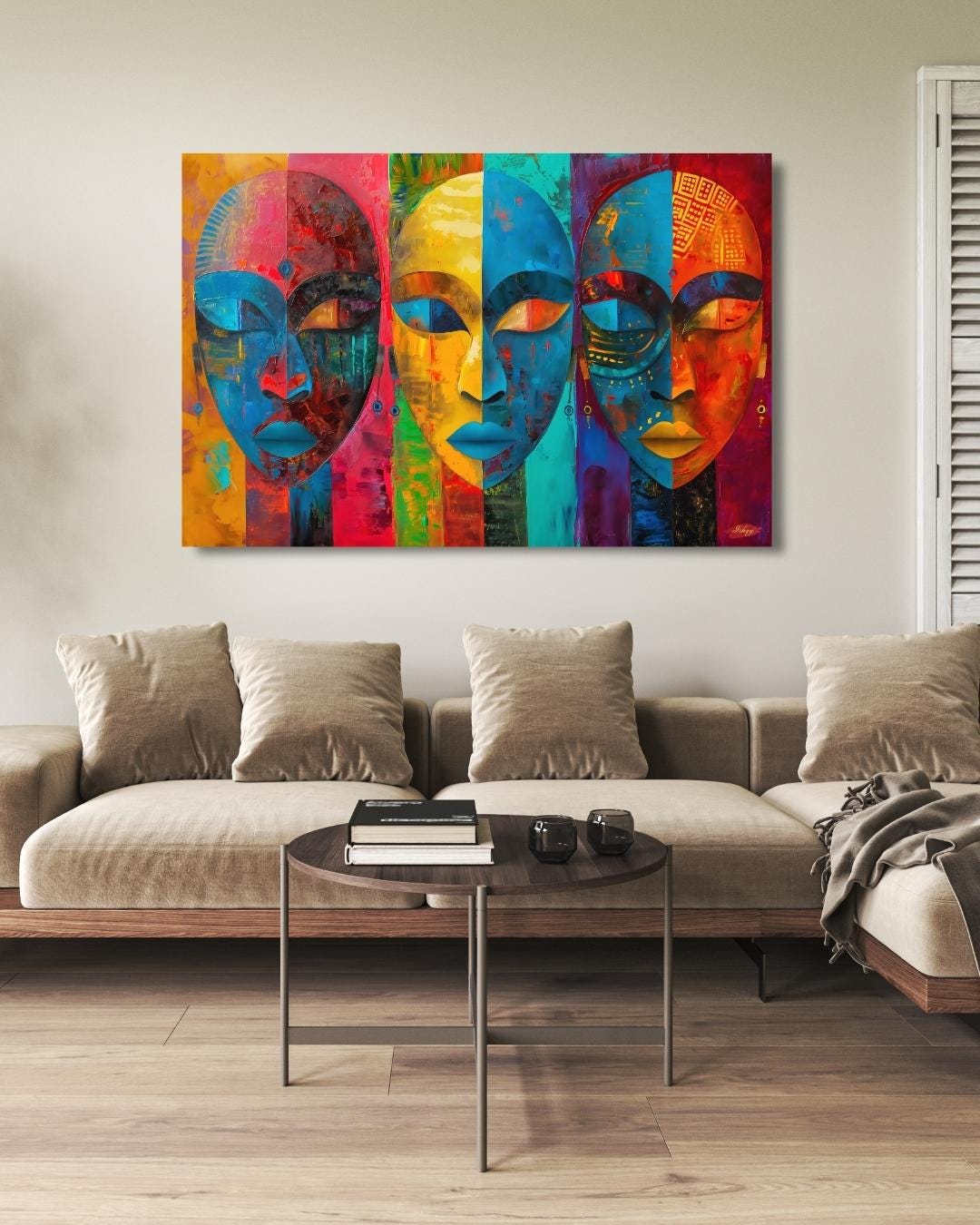 Maasai Mask Wall Art, Colorful African Mask Canvas Print, Tribal Face Painting, Boho Cultural Decor, Bold Afrocentric Wall Artwork