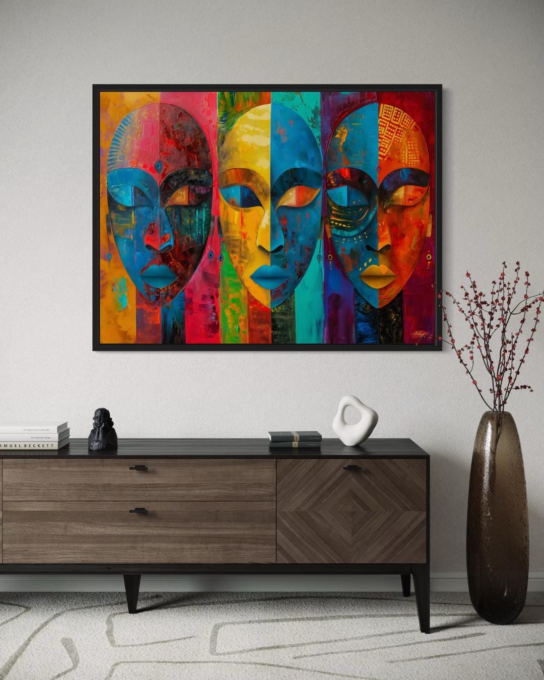 Maasai Mask Wall Art, Colorful African Mask Canvas Print, Tribal Face Painting, Boho Cultural Decor, Bold Afrocentric Wall Artwork
