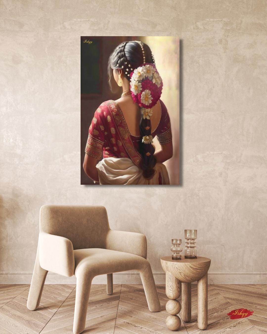 South Indian Bride Art Print, Indian Woman Canvas Wall Art, Bridal Saree Painting, Tamil Cultural Decor, Framed Poster, Wedding Gift
