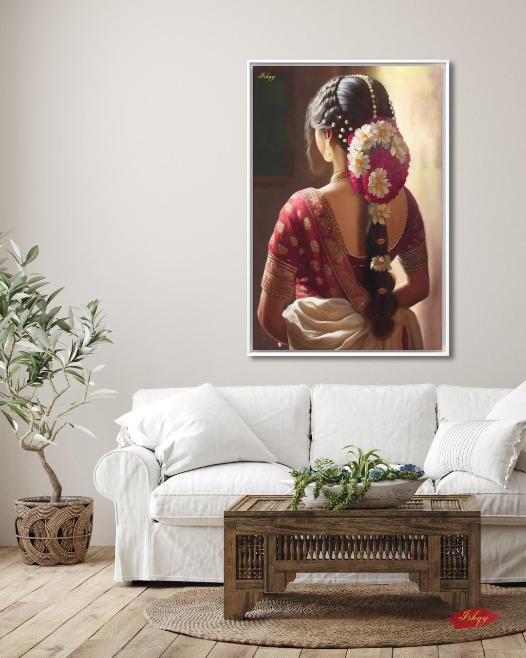 South Indian Bride Art Print, Indian Woman Canvas Wall Art, Bridal Saree Painting, Tamil Cultural Decor, Framed Poster, Wedding Gift