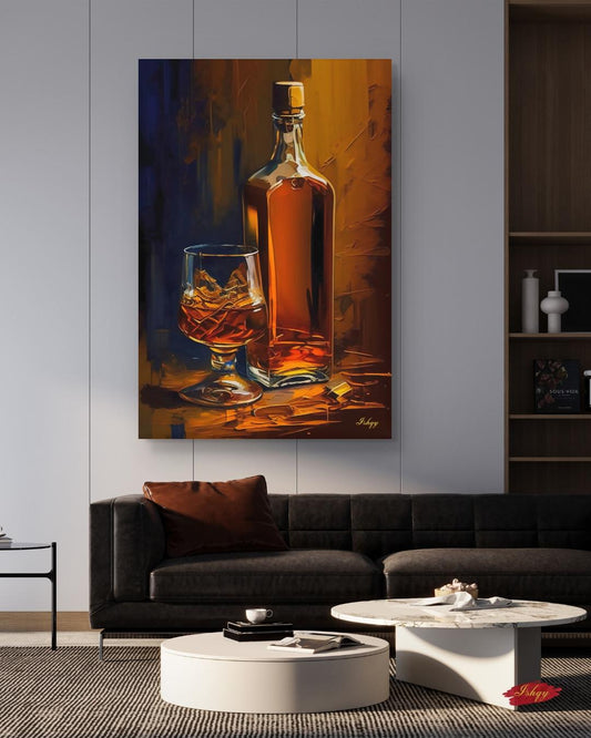 Whiskey Bottle Painting Print on Canvas & Framed Canvas Bar Wall Art, Bourbon Scotch Liquor Home Bar Decor, Whiskey on the Rocks Art Print